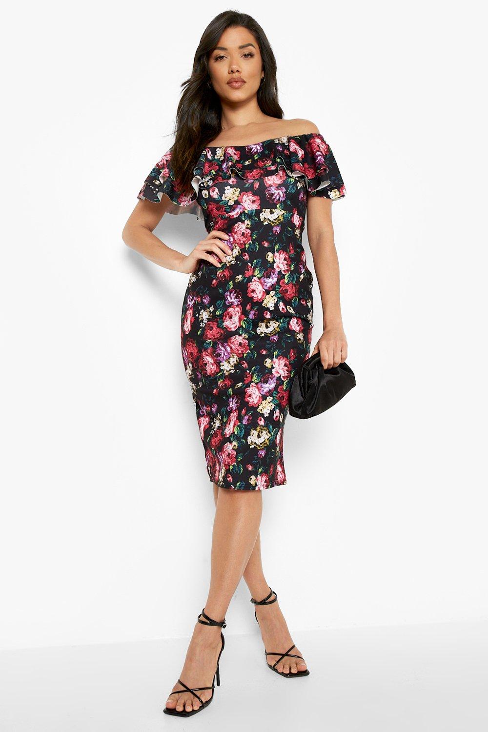 Floral Bardot Frill Midi Dress boohoo NZ