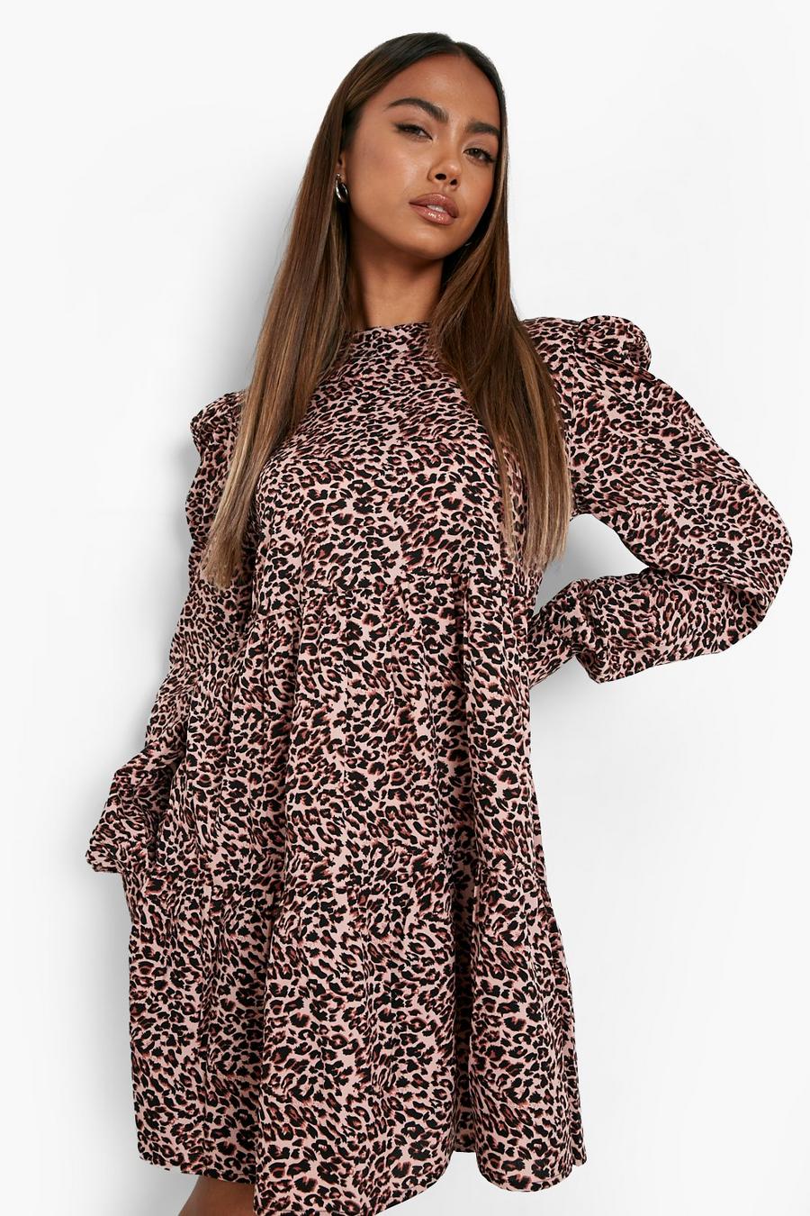 Brown Leopard High Neck Puff Shoulder Mini Dress image number 1