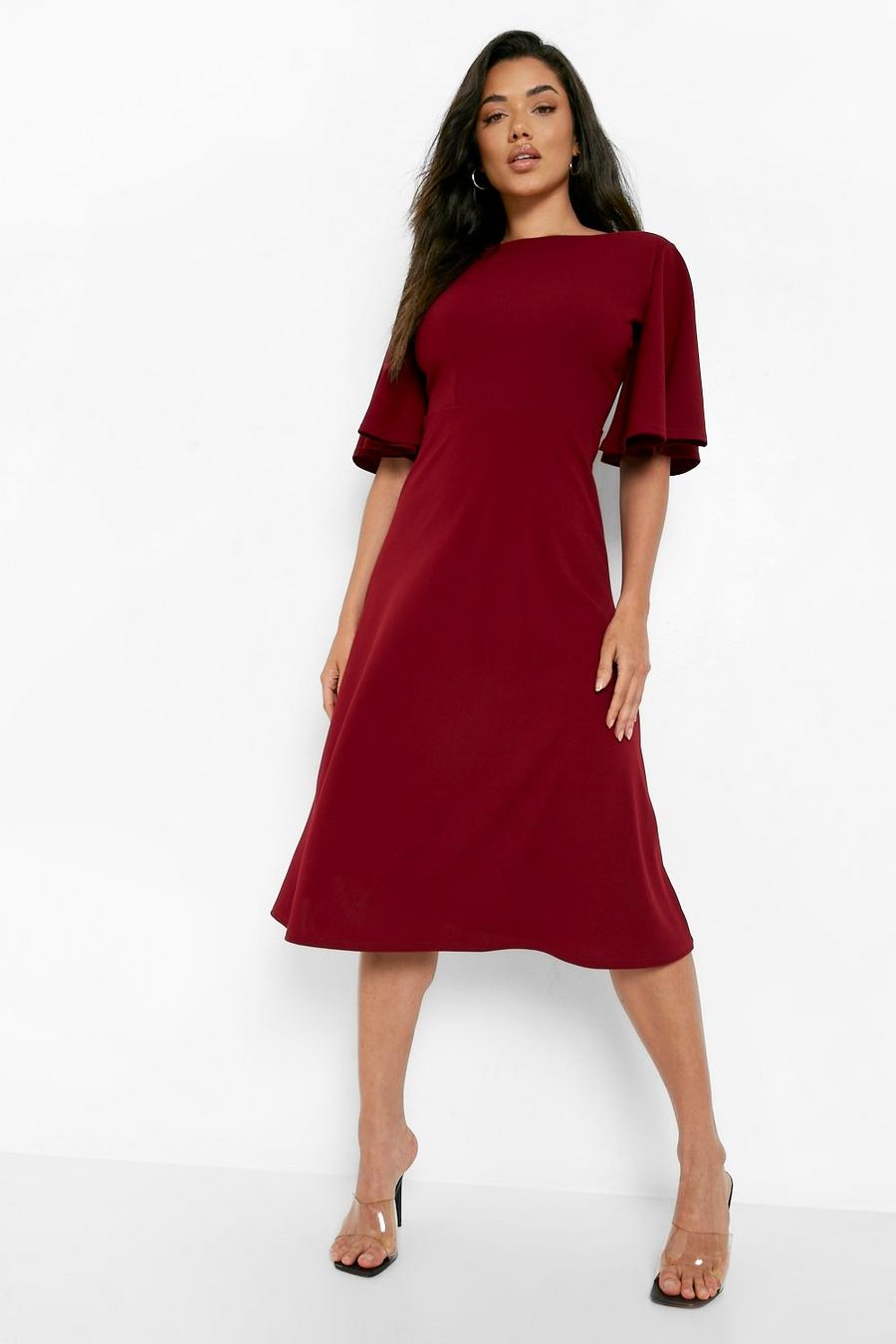 Berry Frill Sleeve Low Back Midi Dress image number 1