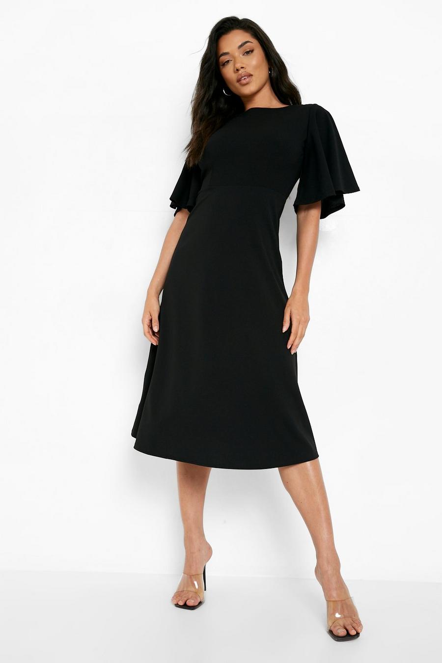 Black Frill Sleeve Low Back Midi Dress image number 1