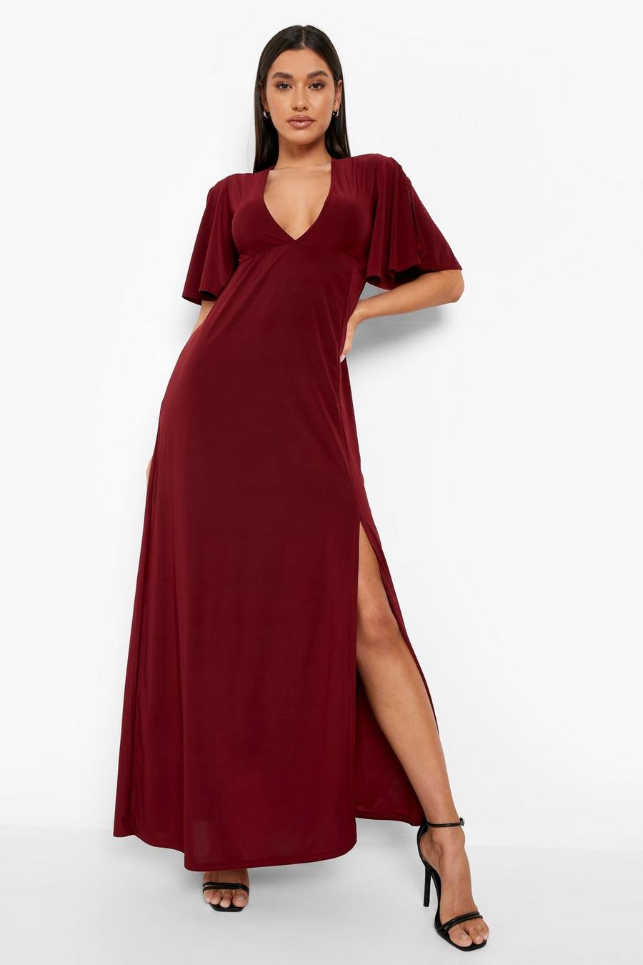 Berry red Slinky Cut Out Shoulder Plunge Maxi Dress