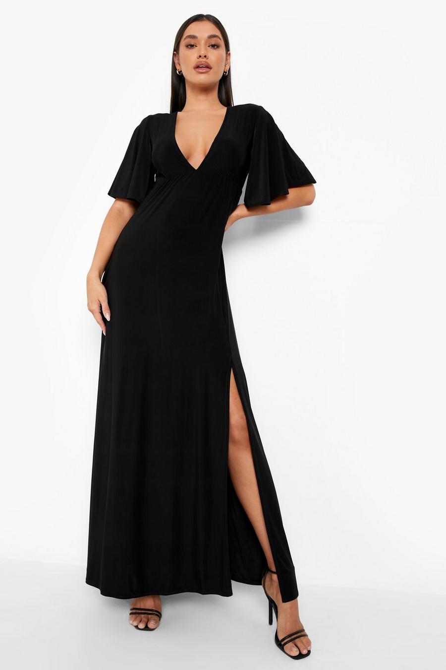 Black svart Slinky Cut Out Shoulder Plunge Maxi Dress