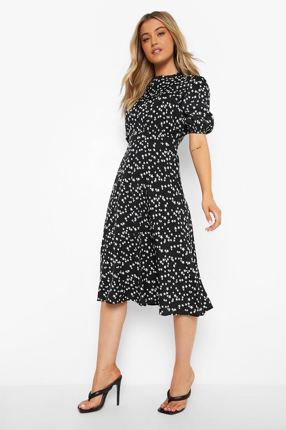 Boohoo star print wrap cheap midi dress