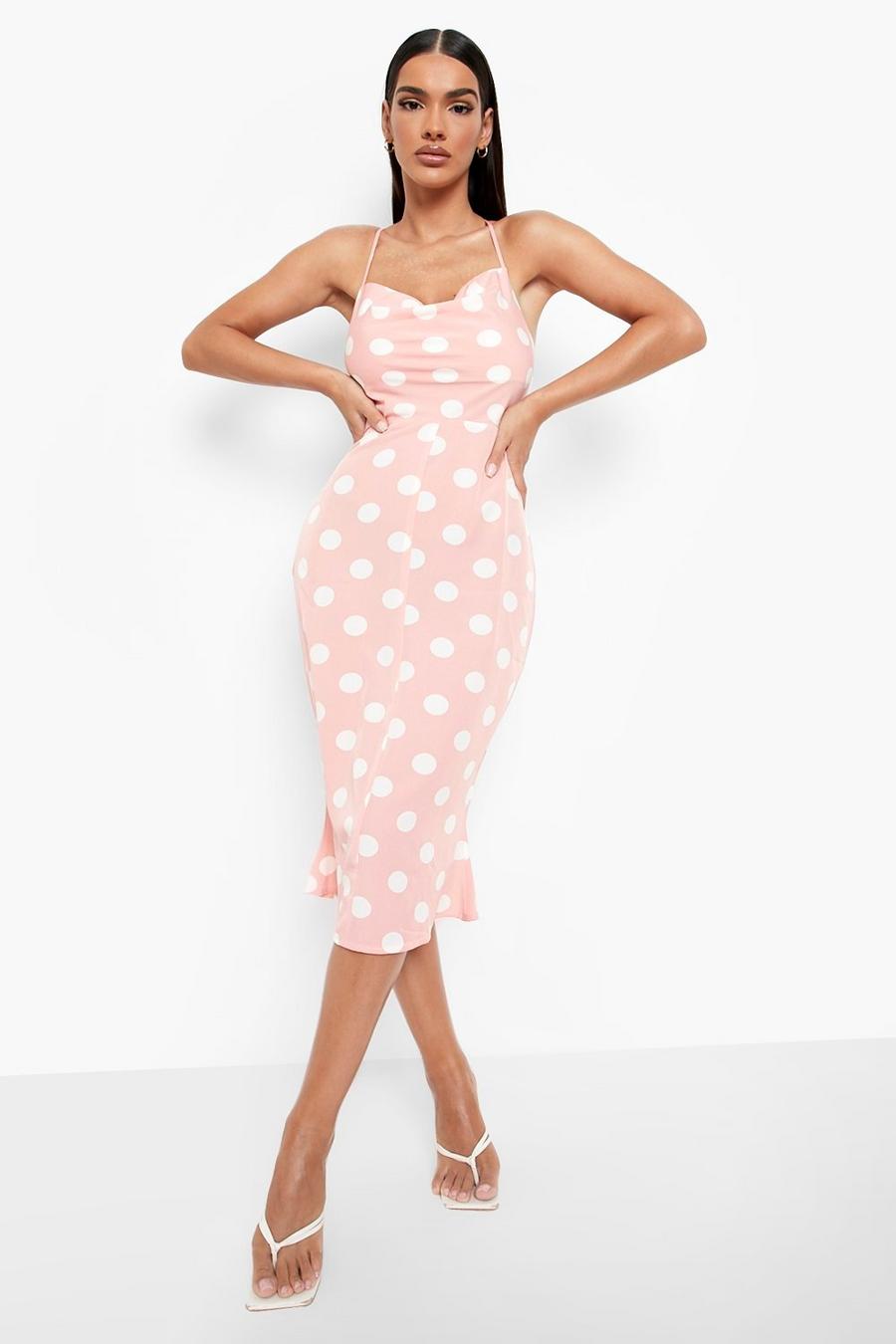 Pink Satin Polka Dot Cowl Slip Dress image number 1