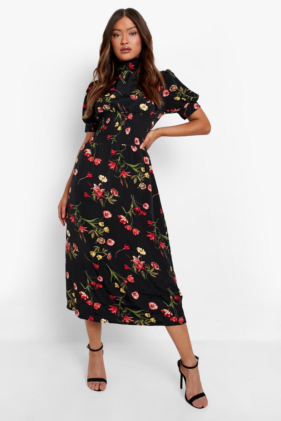 Black Floral High Neck Puff Sleeve Dress image number 1