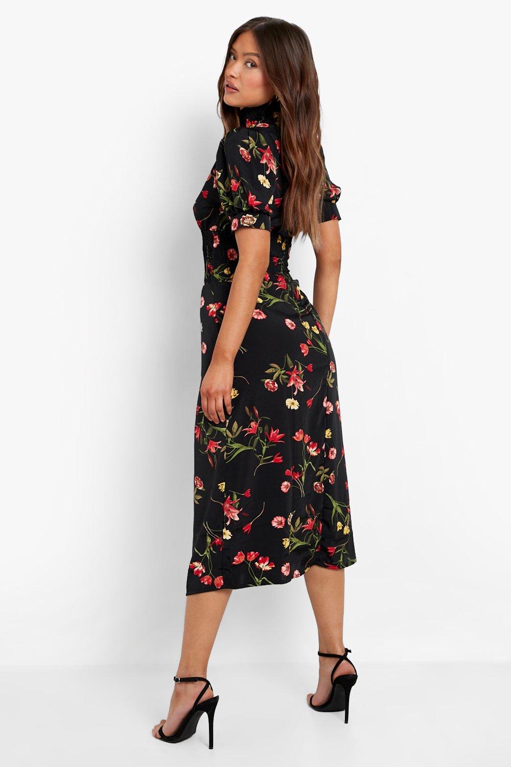 Floral High Neck Puff Sleeve Dress | boohoo USA