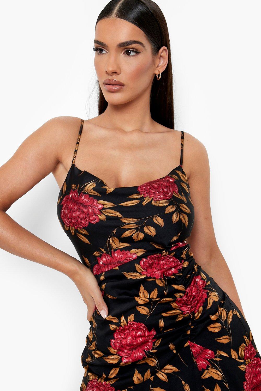 Satin Floral Cowl Neck Frill Hem Midi Dress | boohoo USA