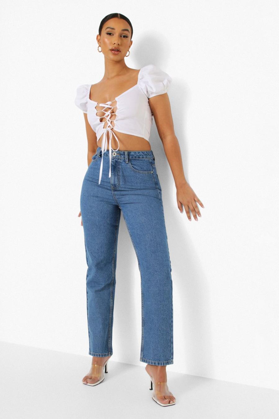 Mid blue High Waisted Straight Fit Ankle Grazer Jeans image number 1