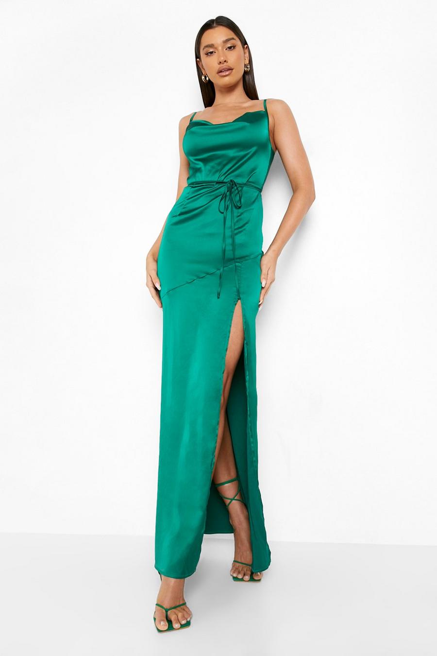 ירוק שמלת סליפ סאטן מקסי עם שסע וצווארון משפך image number 1