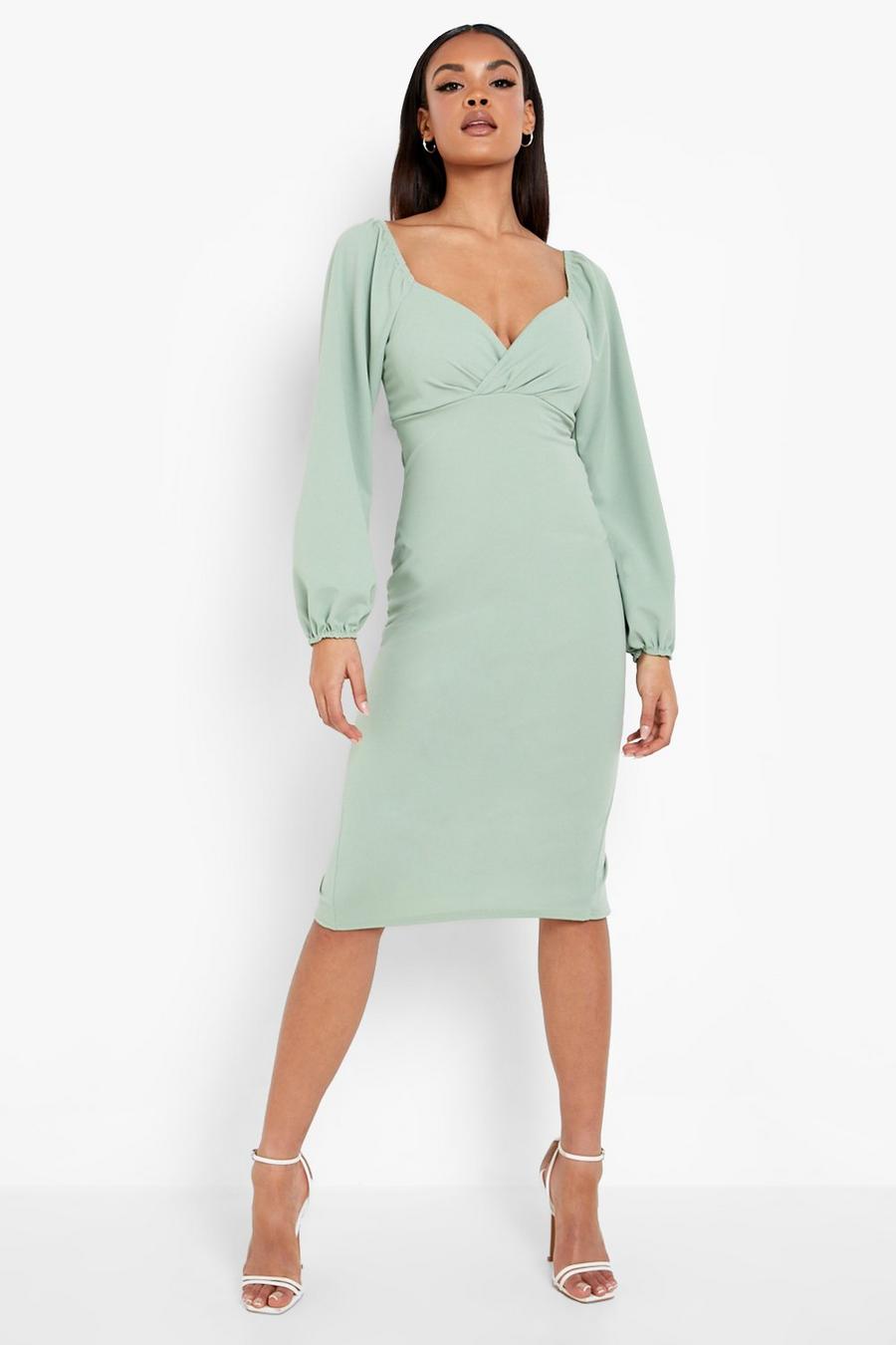 Sage green Puff Sleeve Midi Dress
