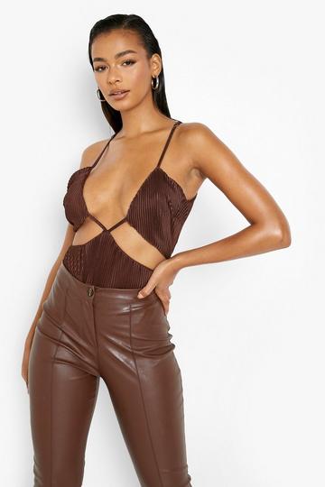 Plisse Bodysuit Met Laag Decolleté chocolate