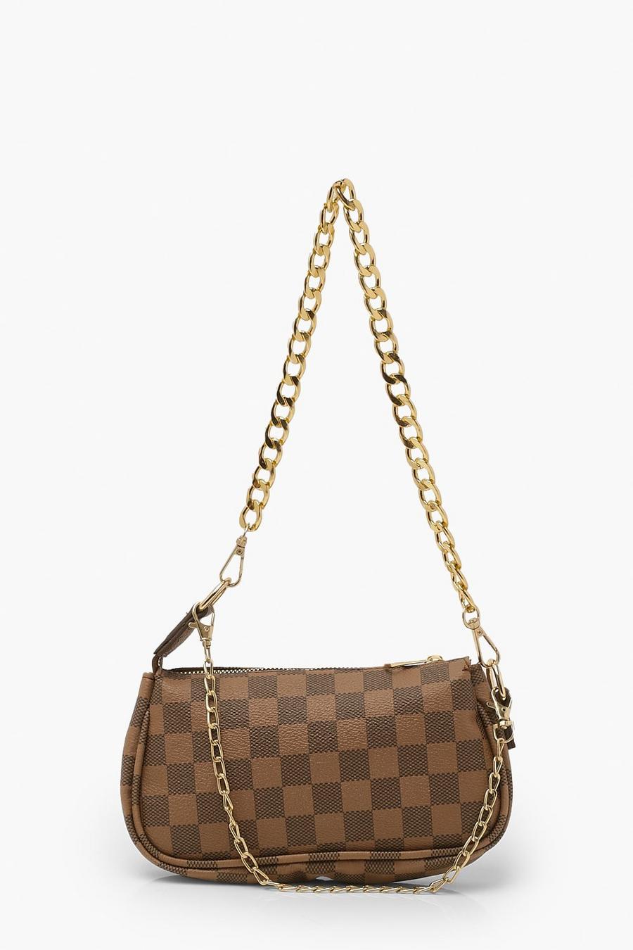 Brown Checked Clutch Bag With Simple Chain image number 1