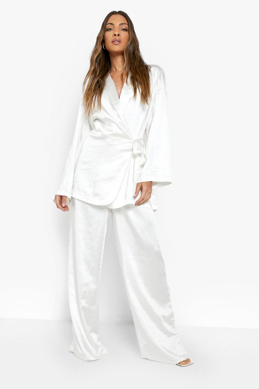 White Premium Satin Wide Leg Tailored Trousers image number 1