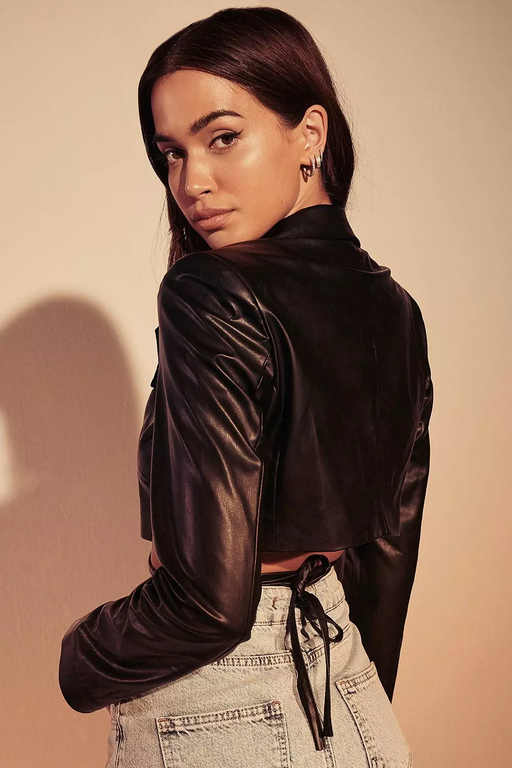 Black Faux Leather Wrap Cropped Blazer alternative image