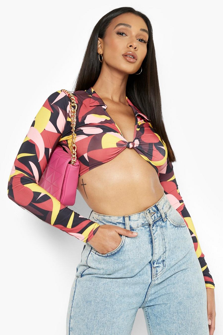 Burgundy red Slinky Abstract Print Knotted Crop Top