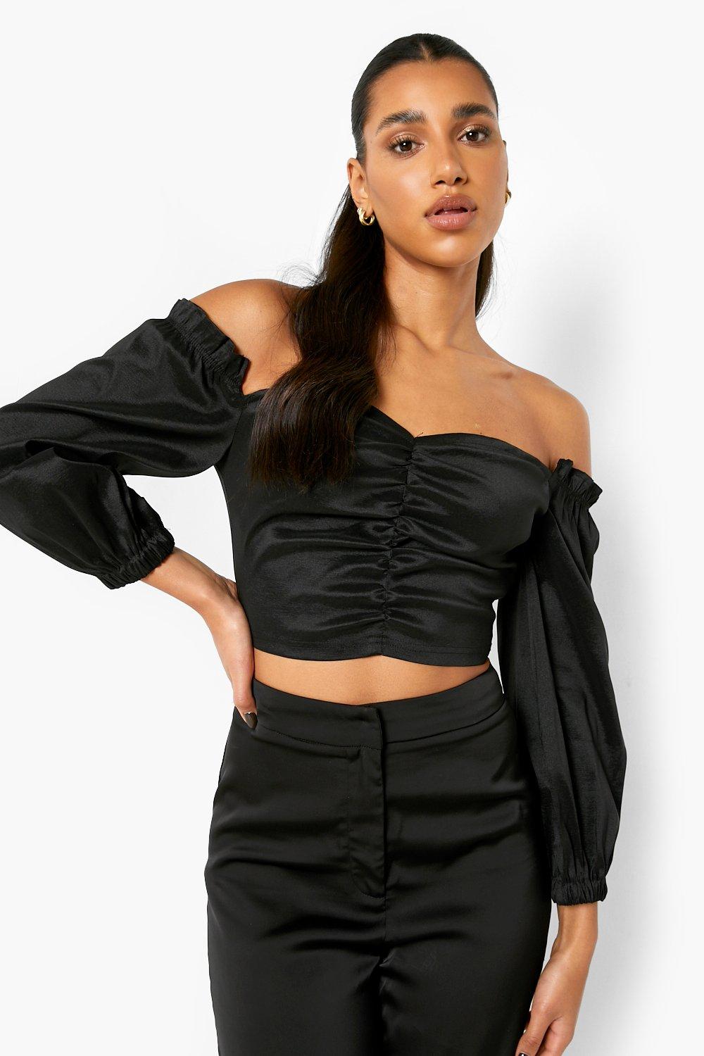 Black ruched off the cheap shoulder top