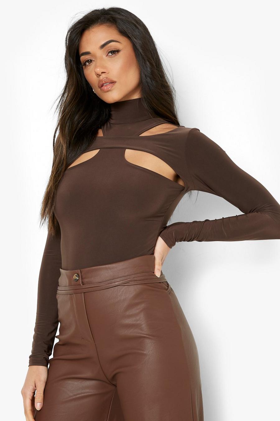 Chocolate brown Double Layer High Neck Bodysuit image number 1