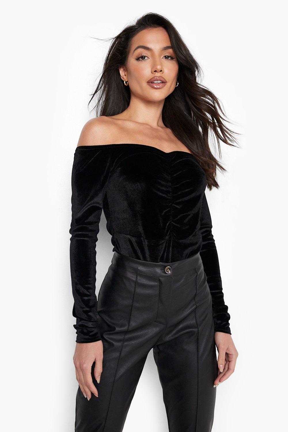 Ruched Satin Bodysuit Going Out Party Top Black –