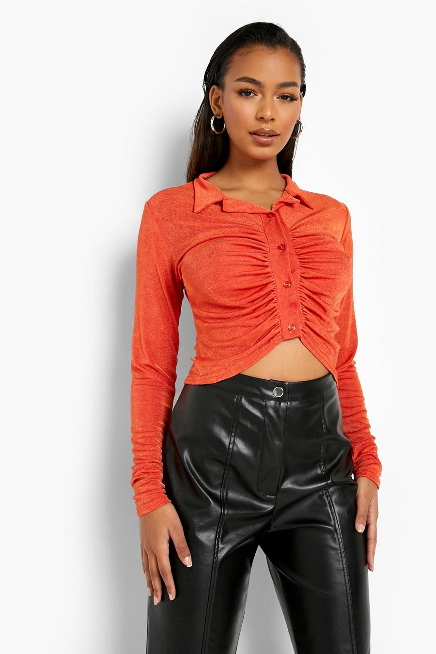 Orange Acetate Slinky Button Down Top image number 1