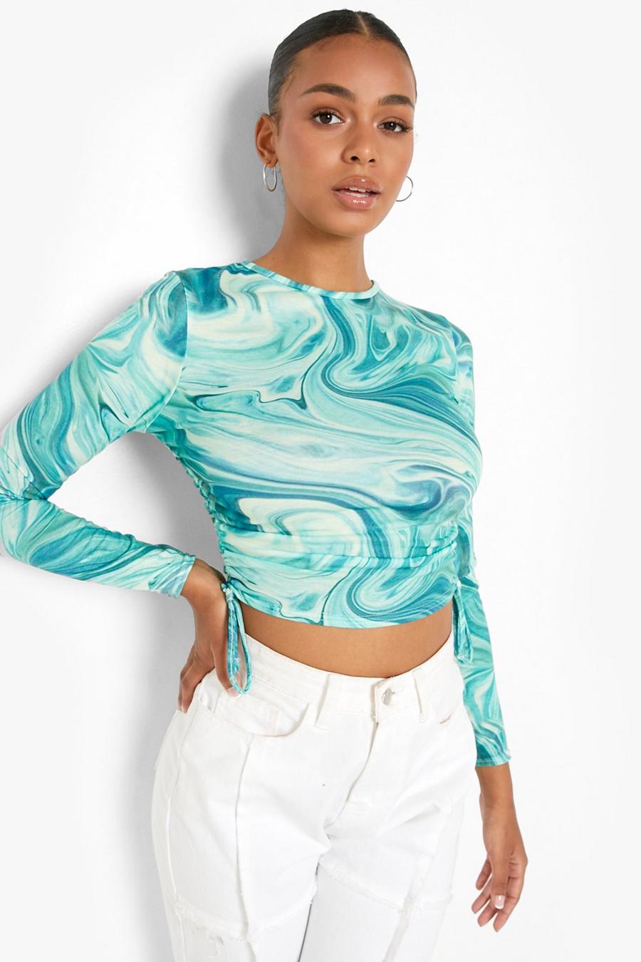 Green Marble Side Ruched Crop Top image number 1