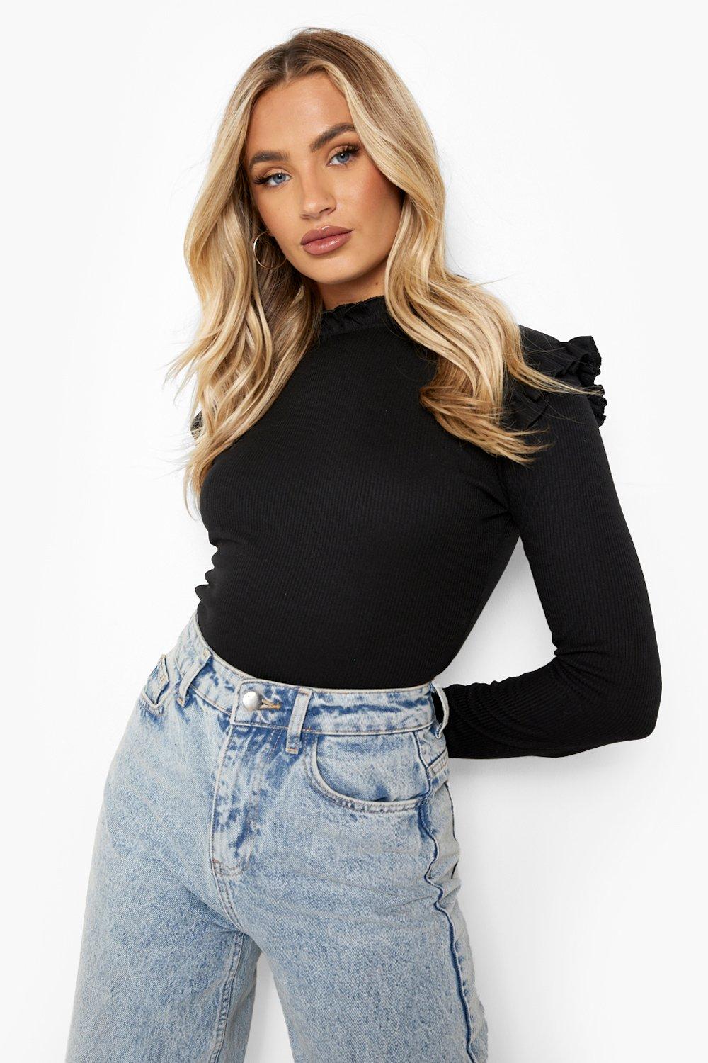 Tall Black Crew Neck Long Sleeve Frill Shoulder Top