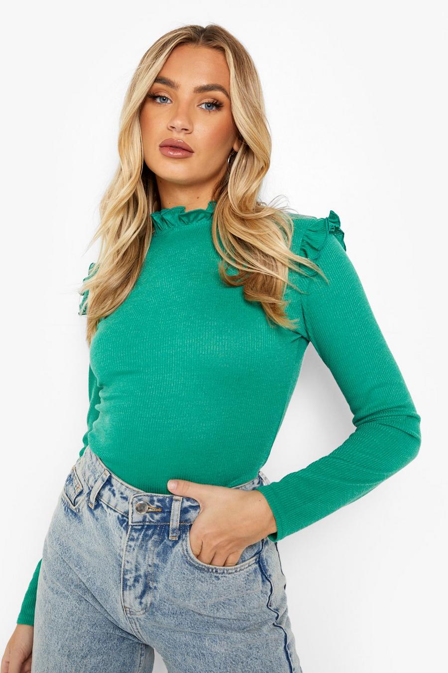 Bottle green Rib Long Sleeve Frill Top image number 1
