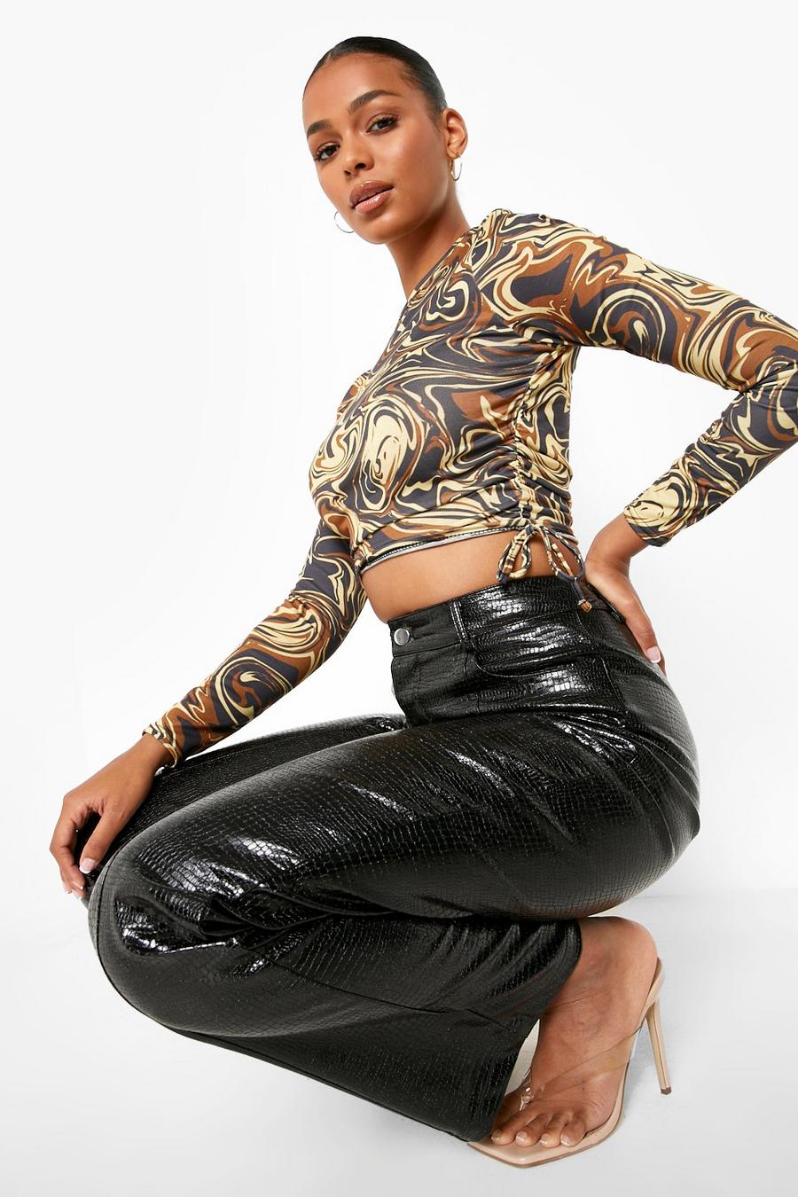 Chocolate Marble Side Ruched Crop Top image number 1