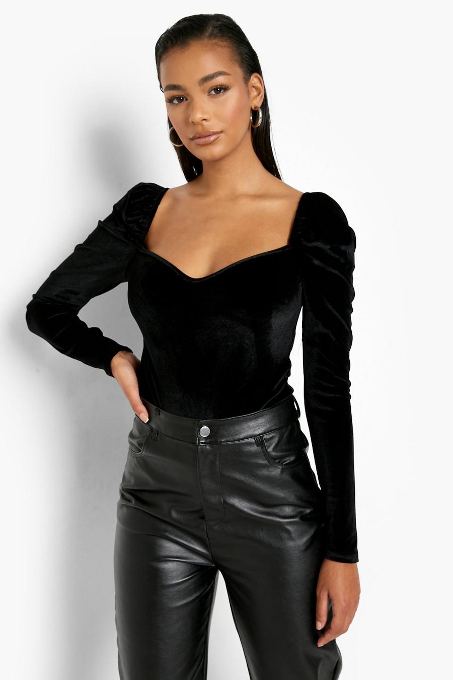 Black Fluwelen Bodysuit Met Harvormige Hals En Pofmouwen image number 1
