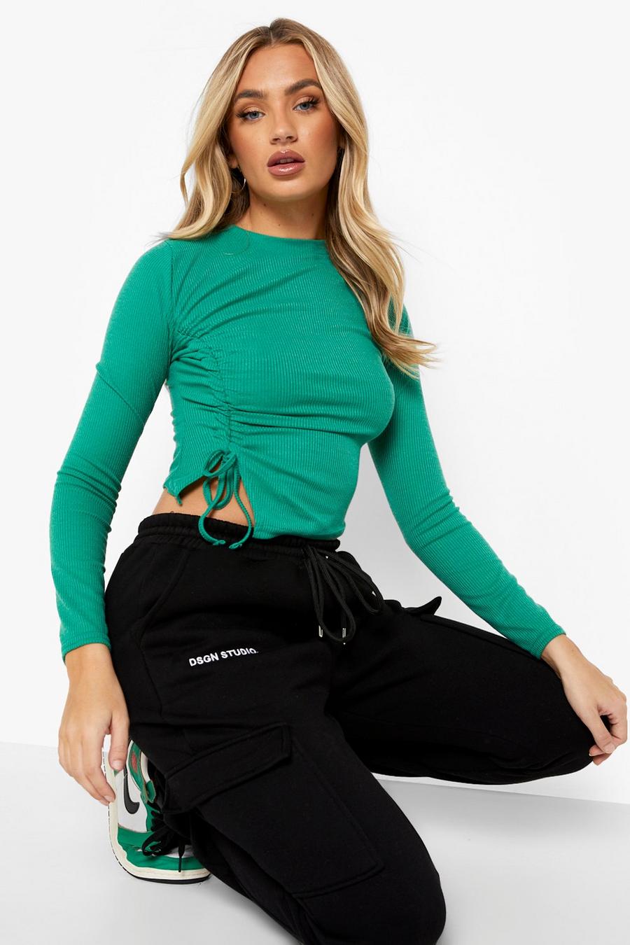 Bottle green Rib Long Sleeve Ruched Top image number 1