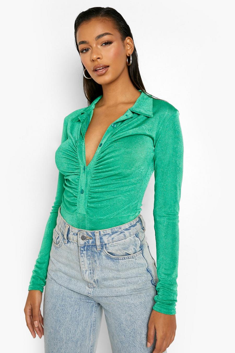 Bottle green Slinky Ruched Button Down Bodysuit image number 1