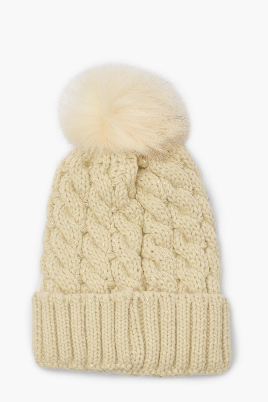 Beige Cable Knit Pom Pom Beanie Hat image number 1