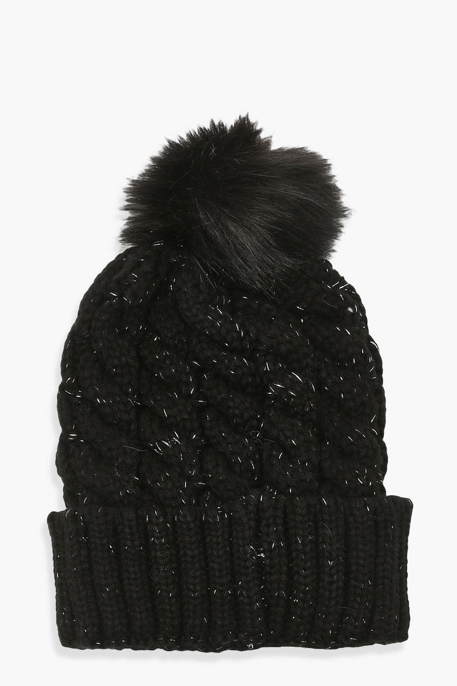 Black Cable Knit Pom Pom Beanie Hat image number 1