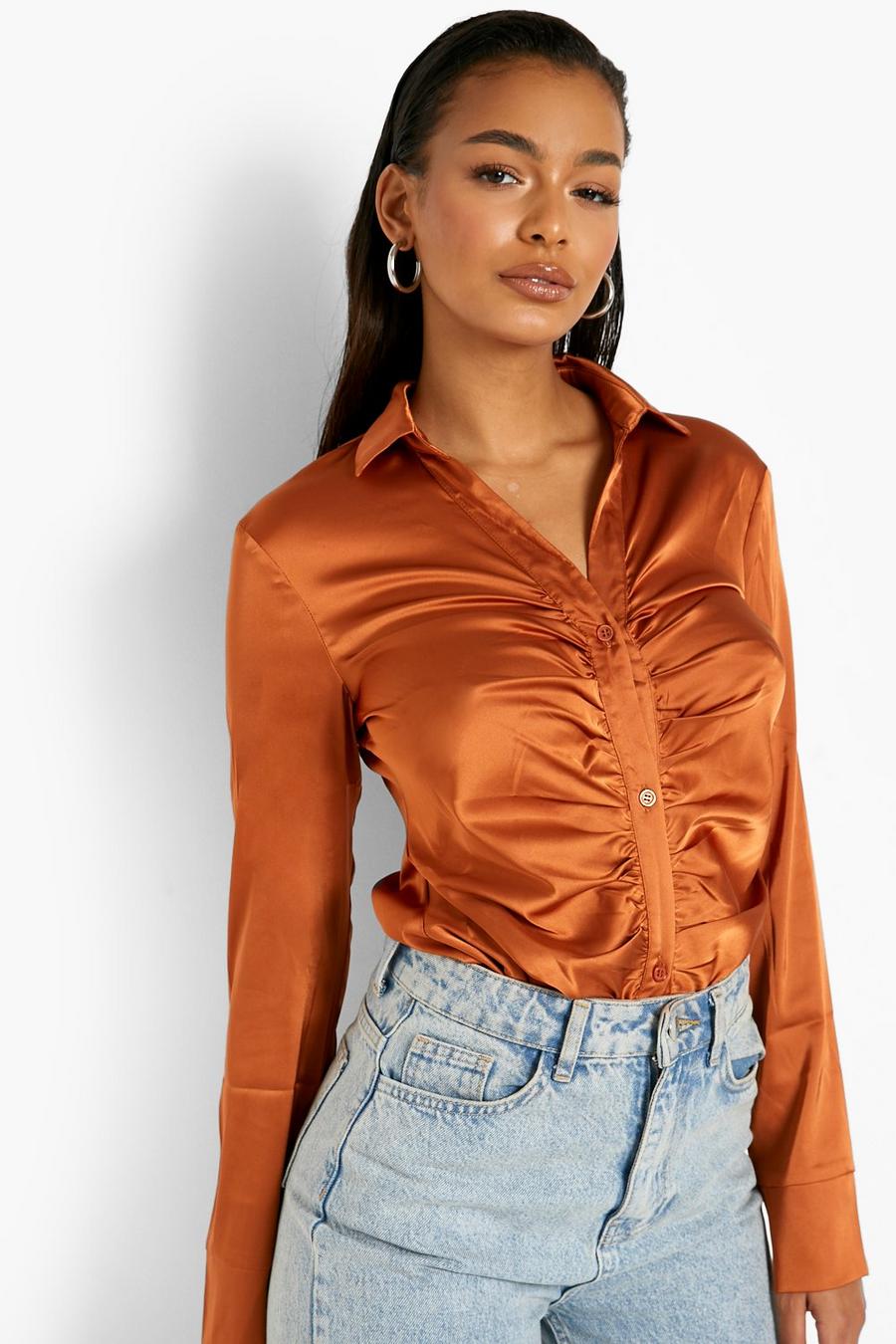 Rust Satin Ruched Shirt image number 1
