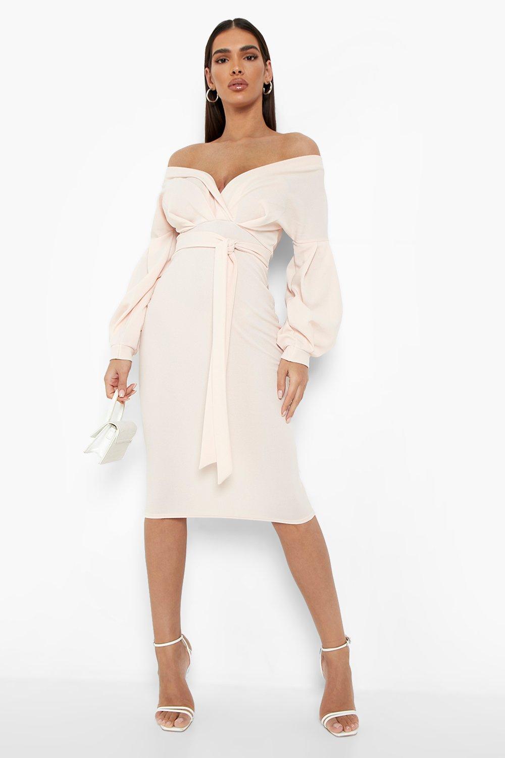 Off the shoulder wrap 2025 midi dress boohoo review