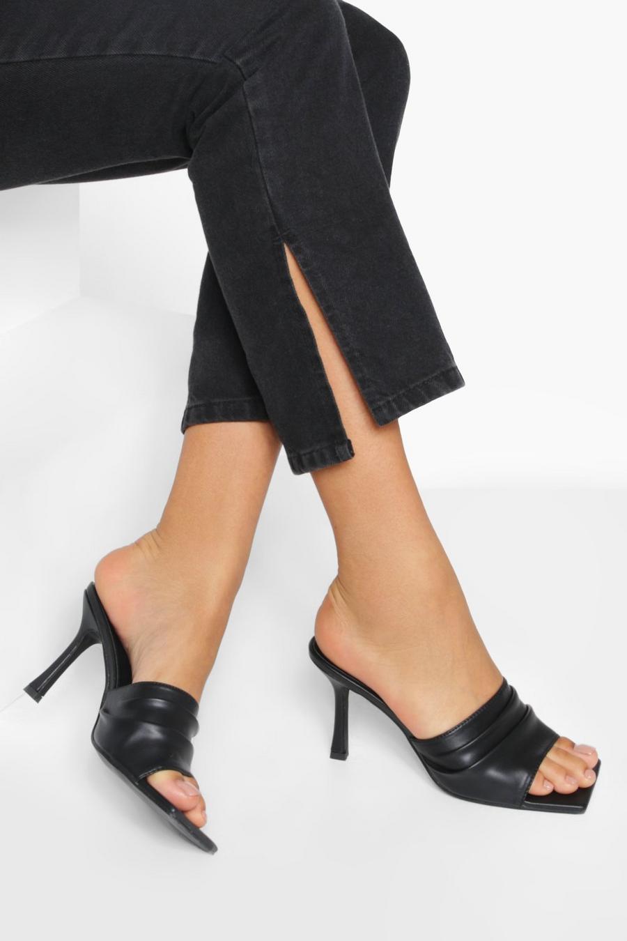 Black Ruched Pleat Detail Heeled Mules