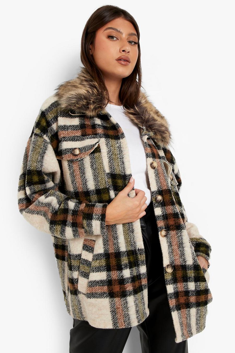 Stone Check Fur Collared Shacket image number 1