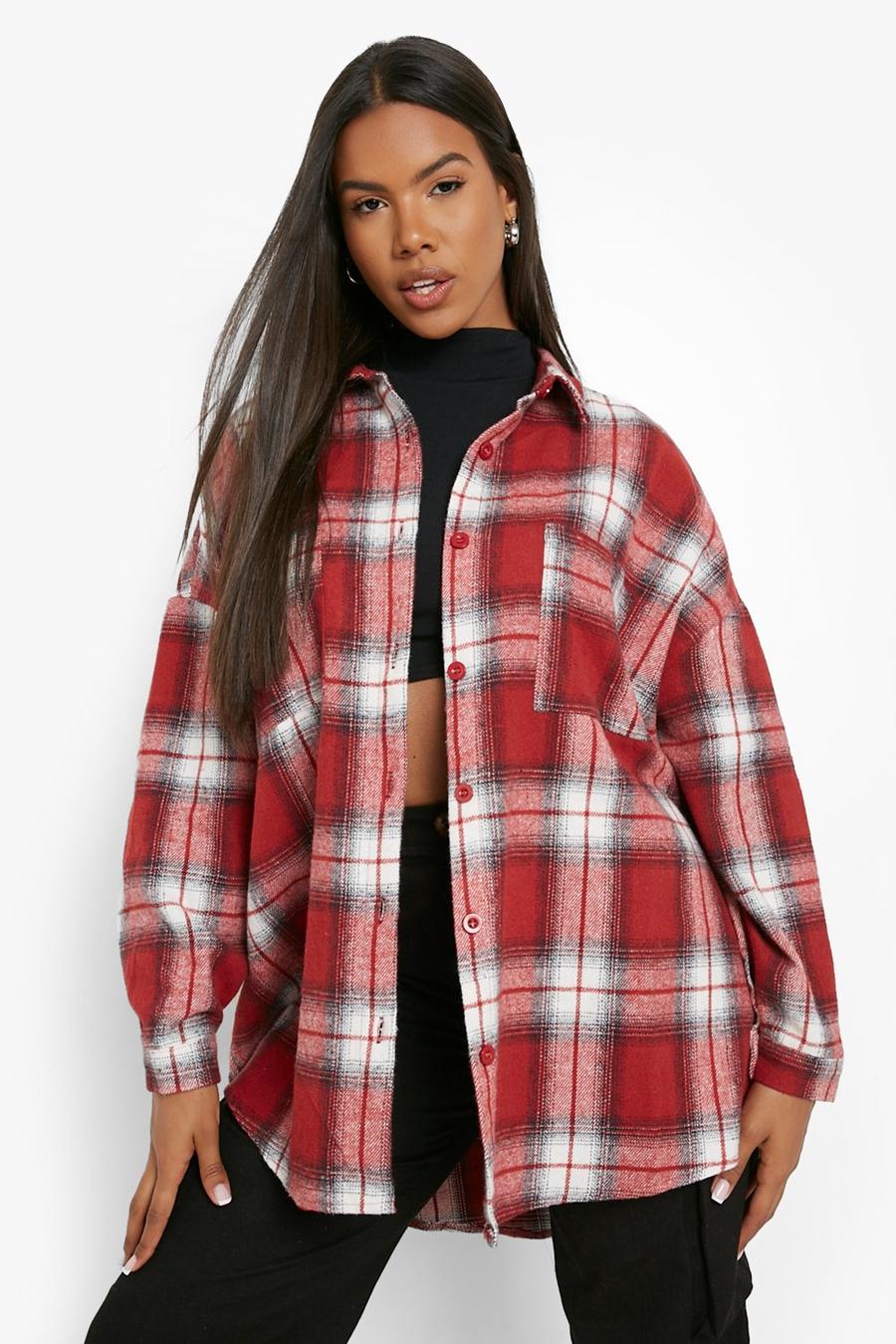 Red Brushed Oversized Check Shirt image number 1