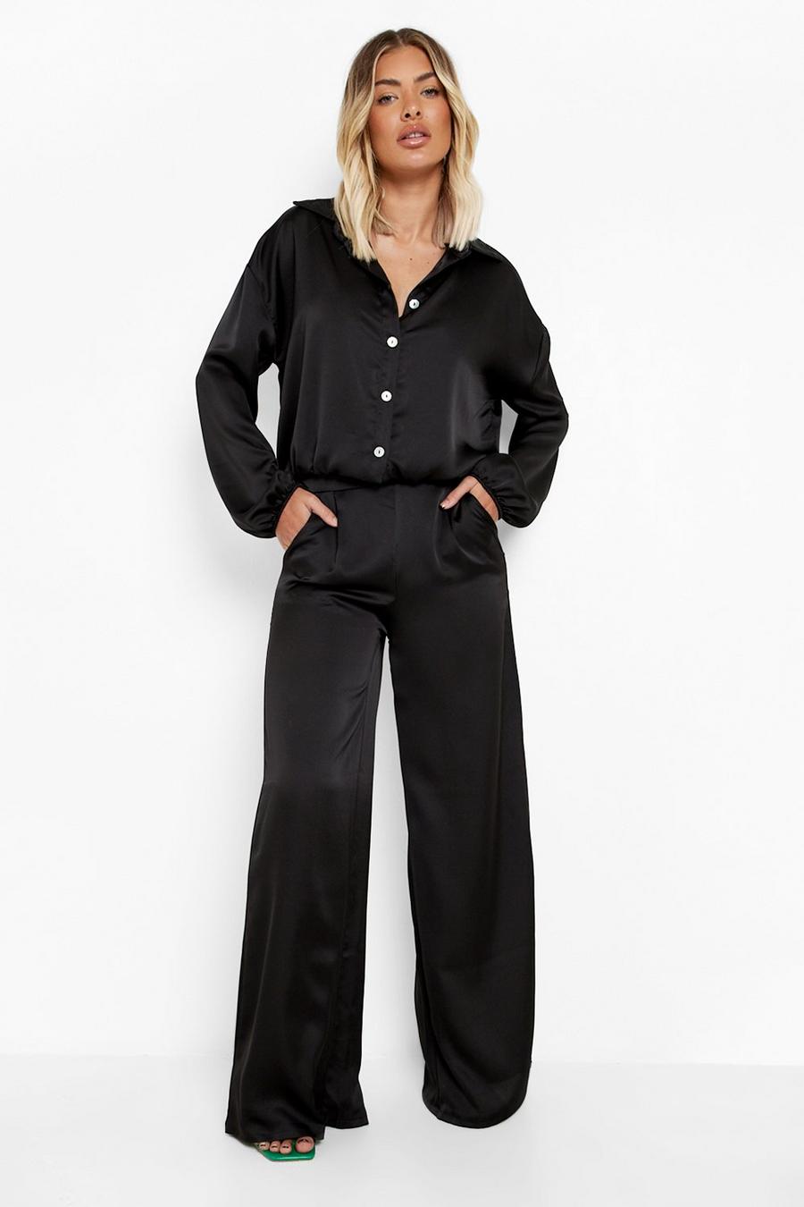 Conjunto coordinado de raso con camisa crop y pantalón de pernera ancha, Black image number 1