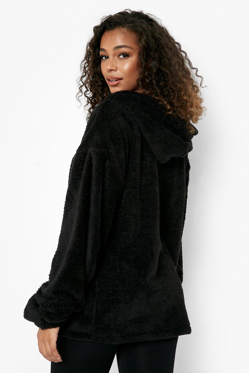 Black fluffy zip up hoodie online