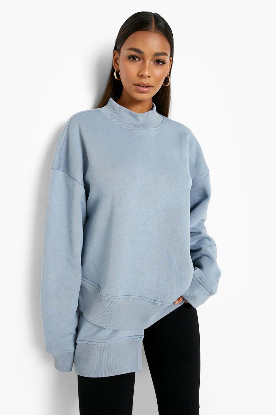 Blue Funnel Neck Asymmetric Oversized Sweatshirt image number 1