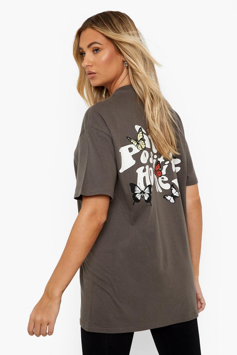 Charcoal Oversized Stay Positive T-Shirt Met Rugopdruk image number 1