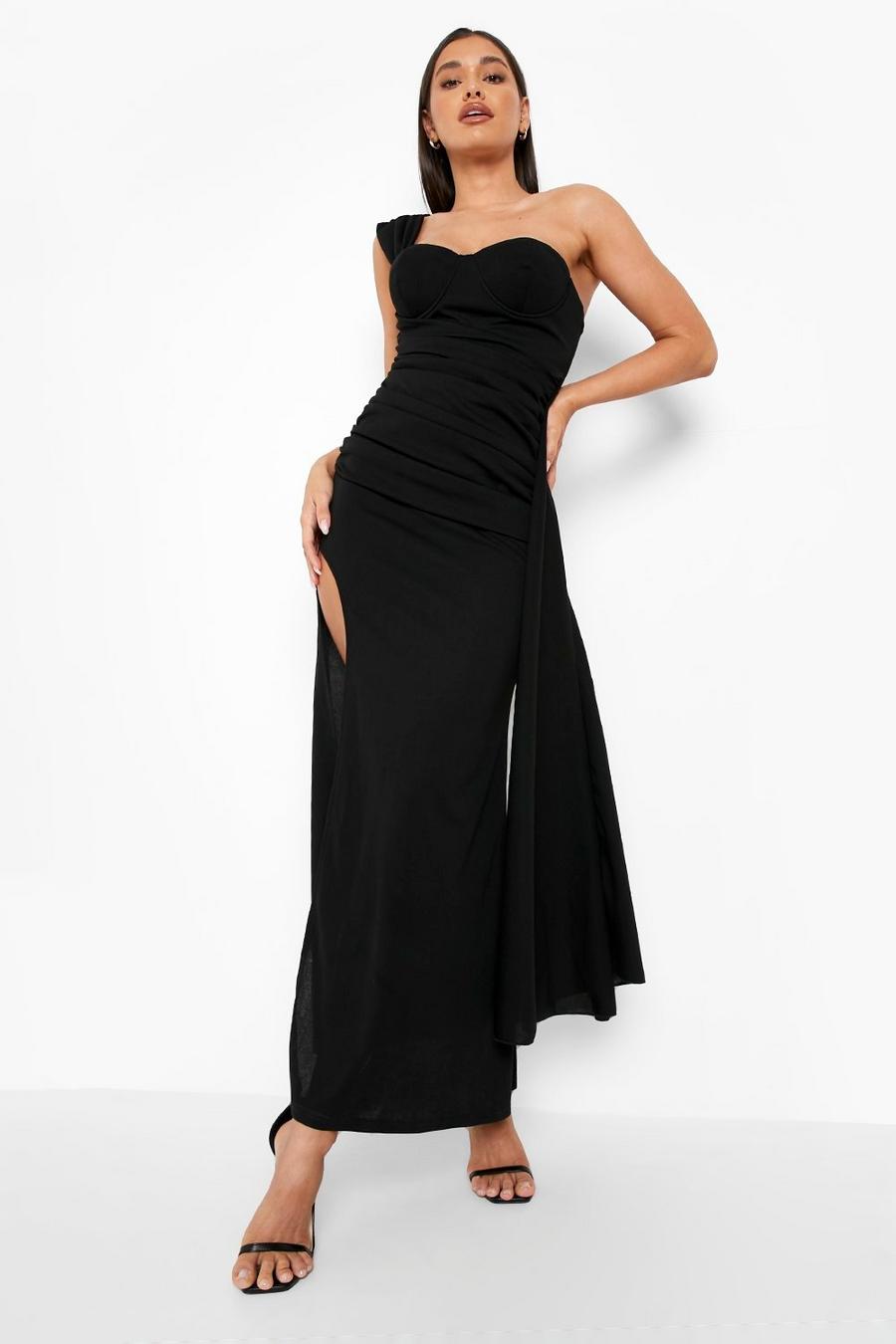 Black One Shoulder Drape Detail Maxi Dress image number 1