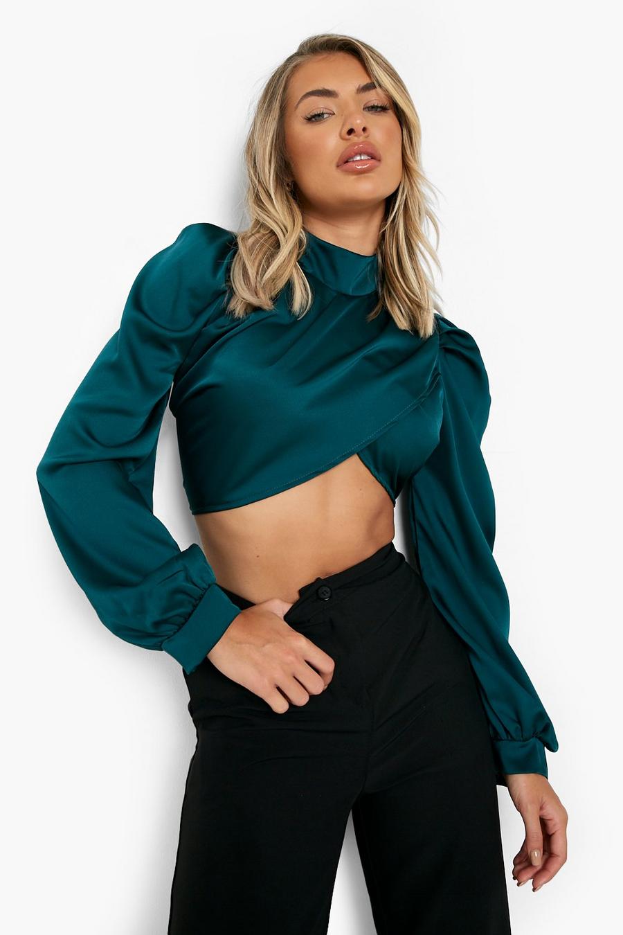 Emerald High Neck Puff Sleeve Crop Top image number 1