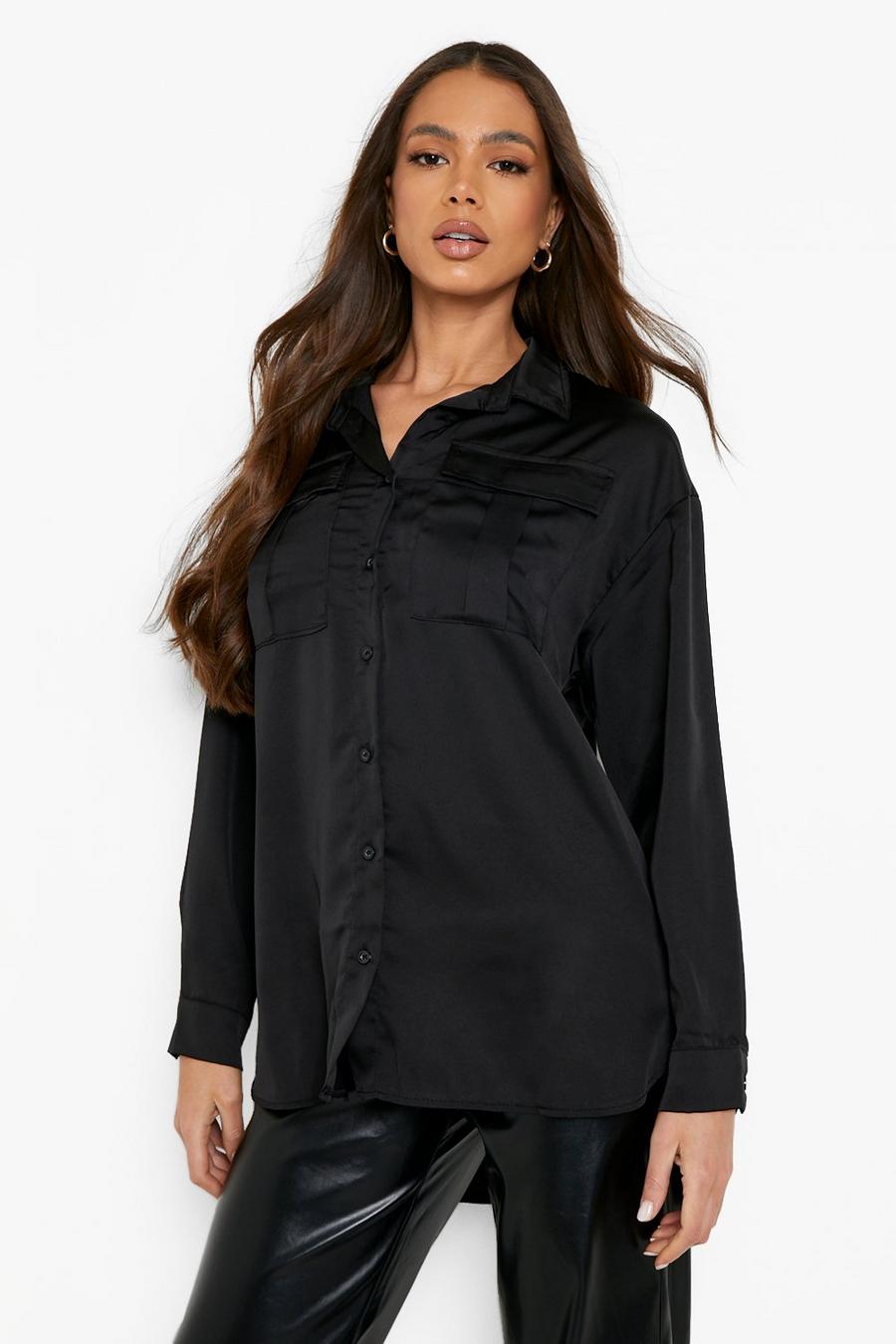 Black Pocket Detail Oversized Satin Shirt image number 1