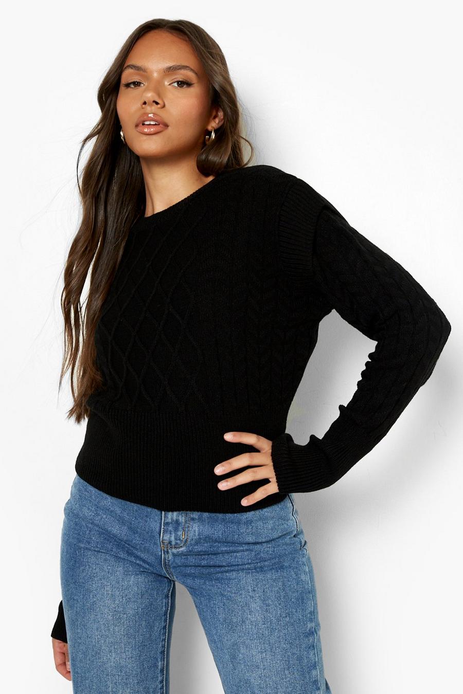 Black Cable Knit Shoulder Detail Sweater image number 1