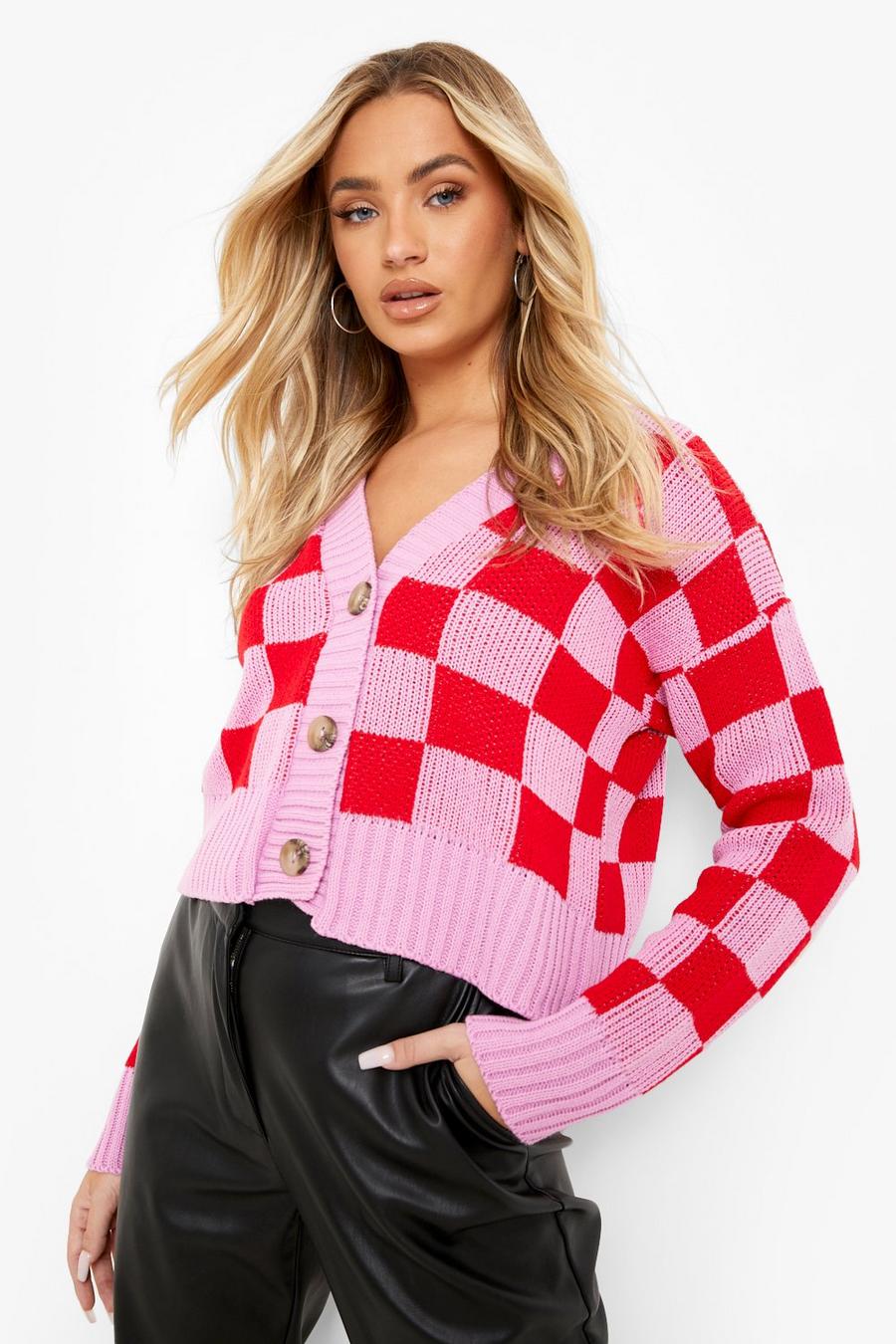 Pink Bright Check Cropped Cardigan image number 1