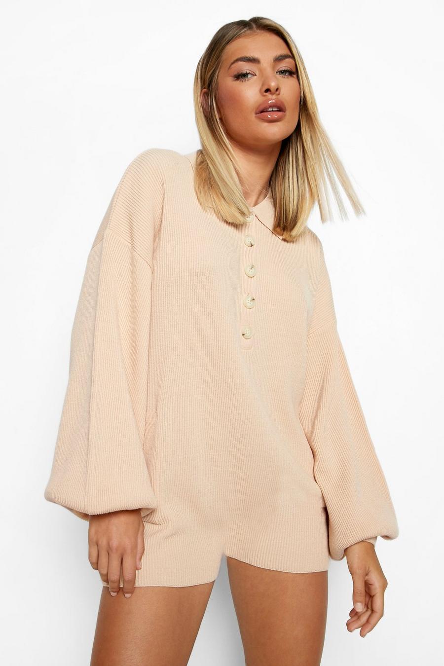 Camel beige Knitted Button Collared Long Sleeve Romper