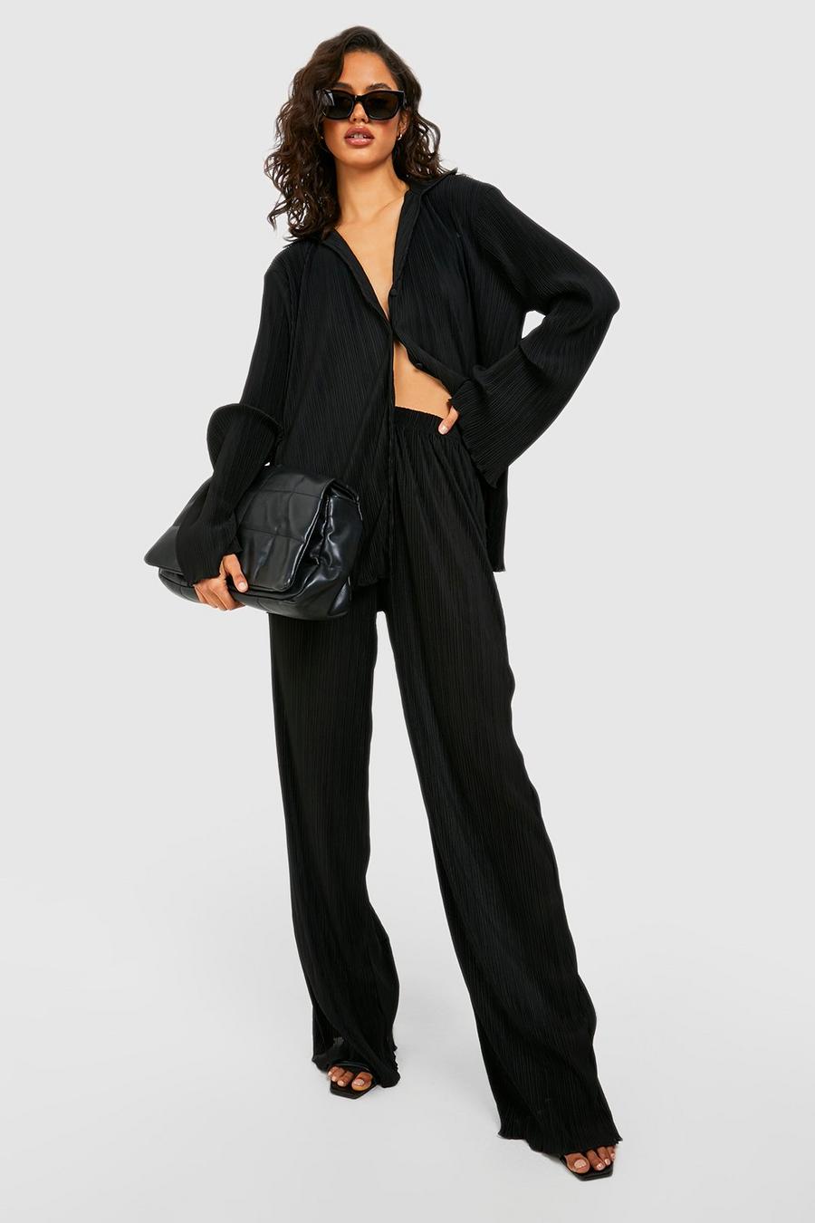 Black Plisse Shirt And Wide Leg Pants Two-Piece image number 1