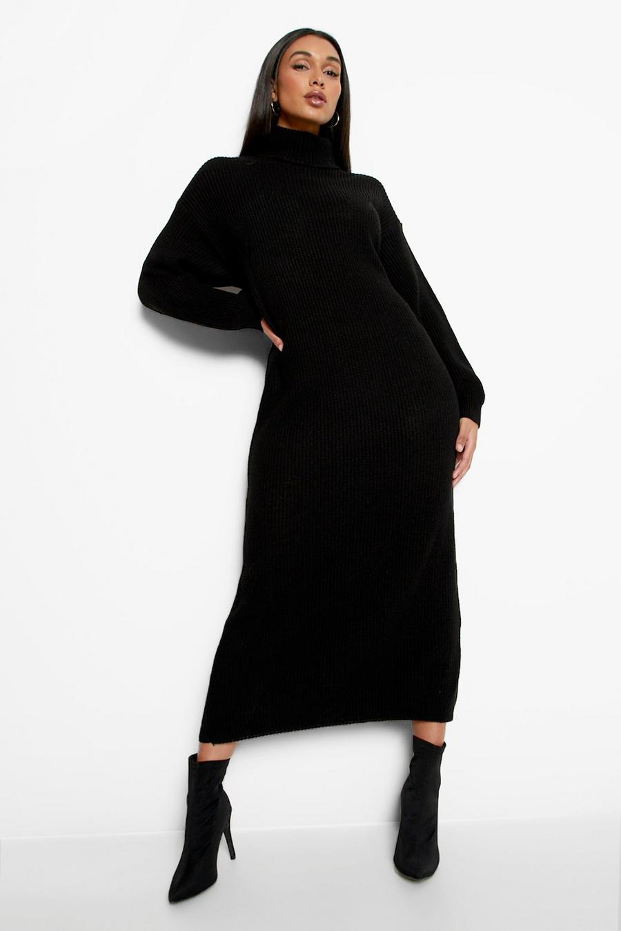 Black Oversized Knitted Roll Neck Dress image number 1