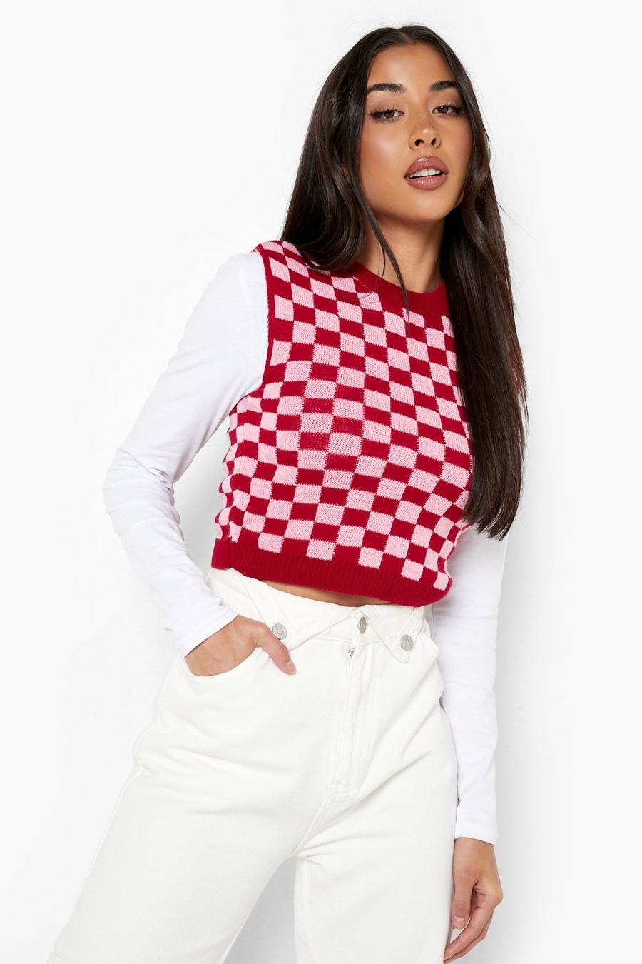 Red Check Knit Crop Tank image number 1